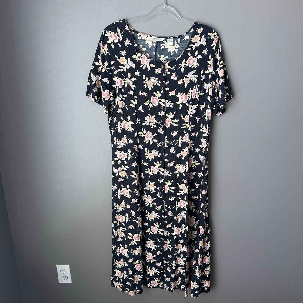 Vintage Ship N Shore Button Down Maxi Dress Womens 14 Black Floral Tie Back 90s - Picture 7 of 14